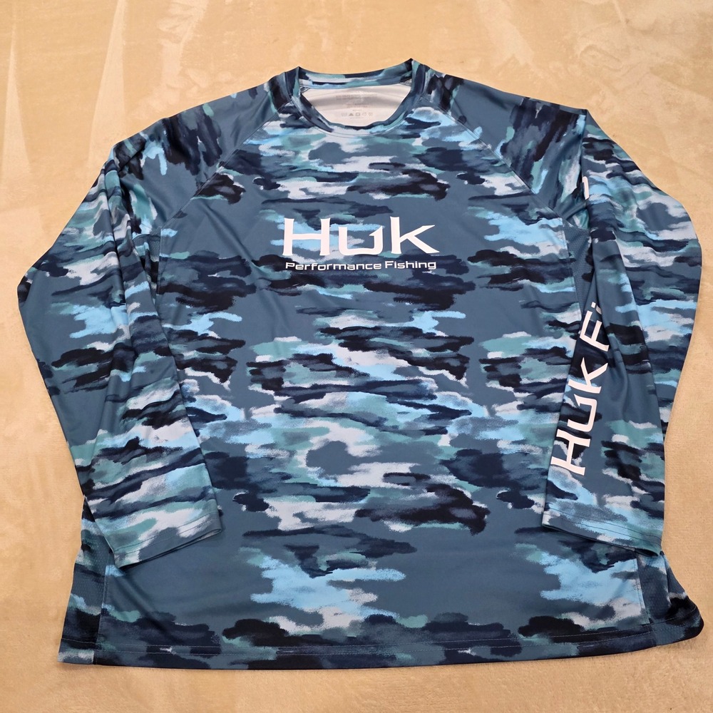 Huk Men's Icon X Refraction Camo Long Sleeve Fishing Shirt Blue Size XL